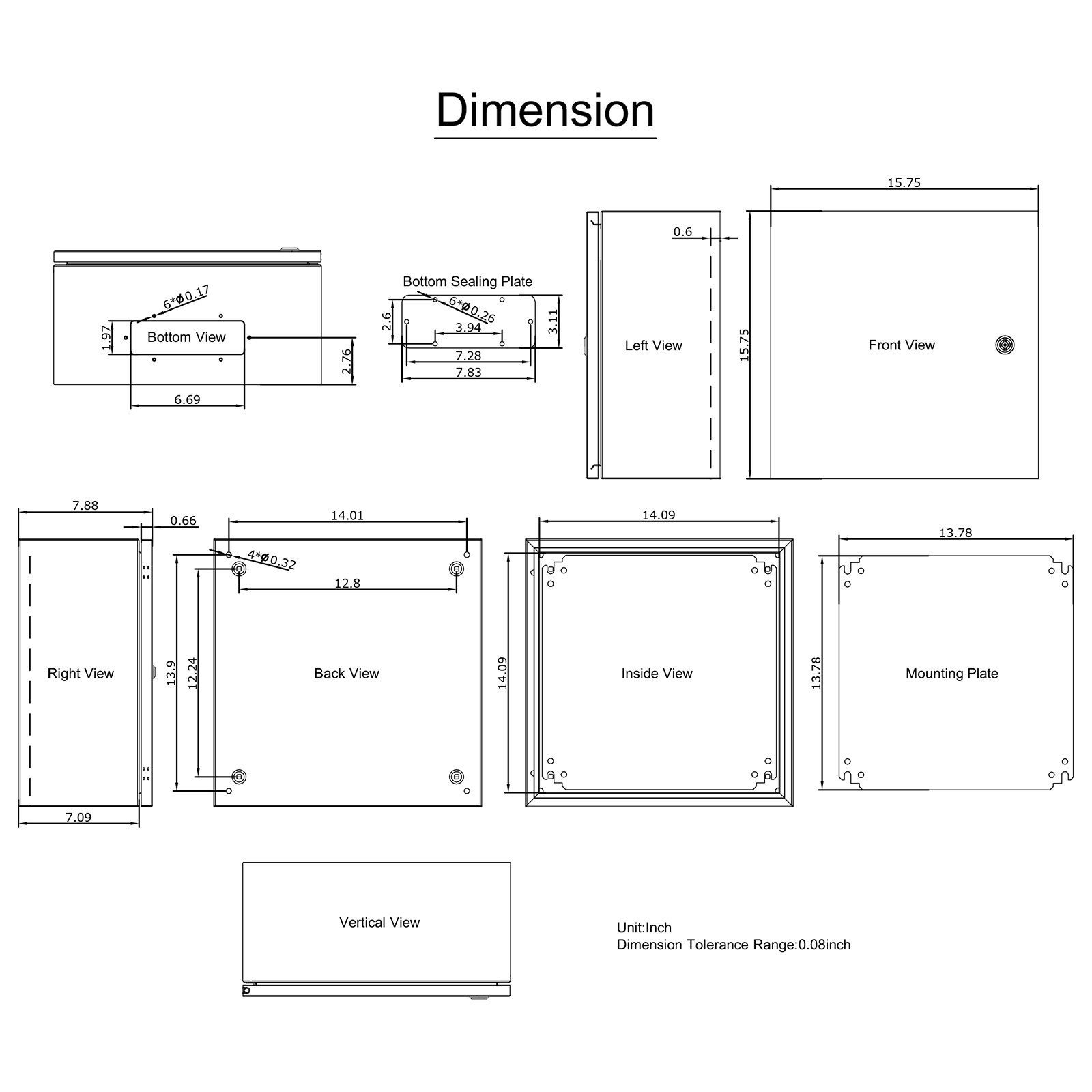 Dimensiones del gabinete de acero nema VEVOR detalladas en múltiples vistas y medidas.