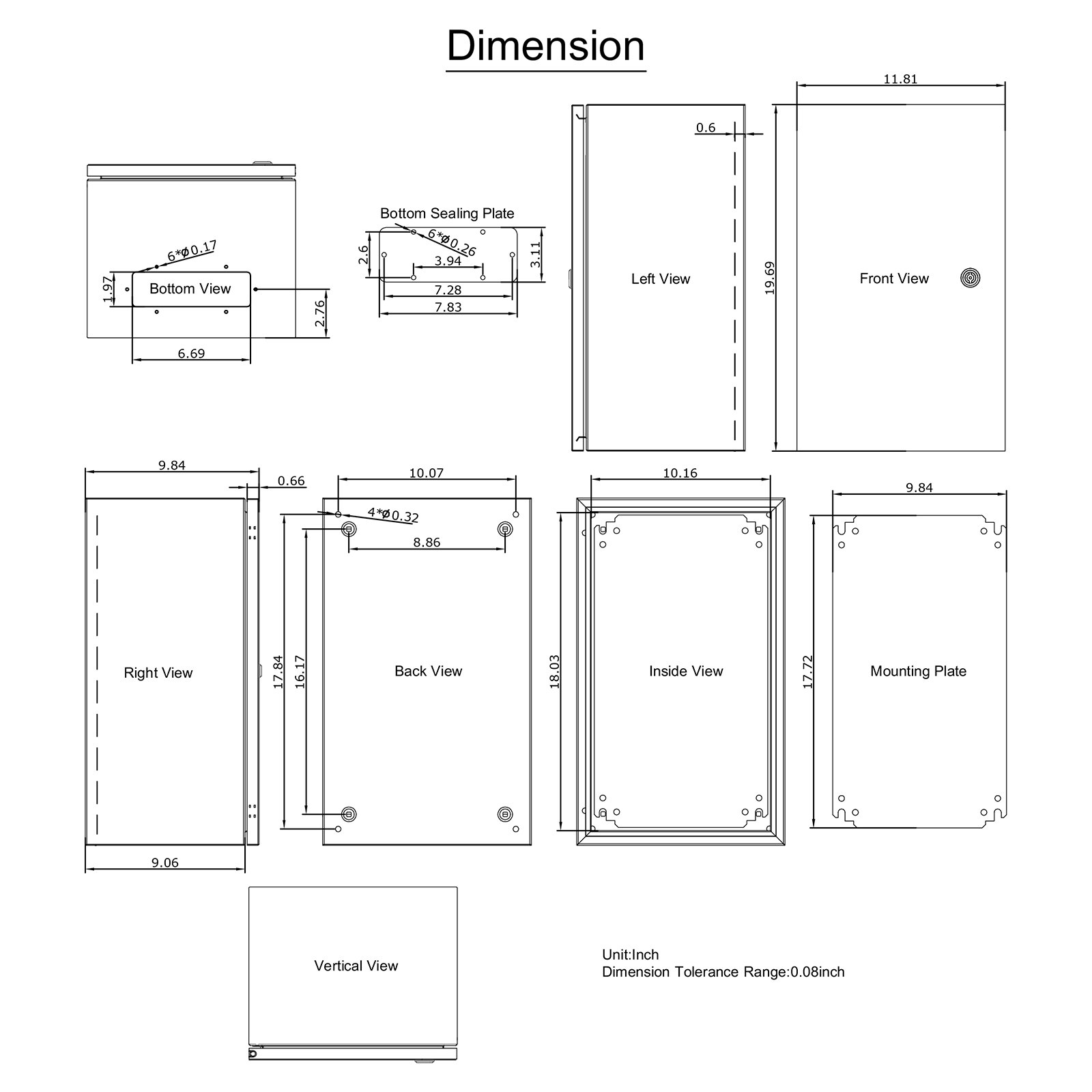 Dimensiones de la carcasa de acero NEMA VEVOR, vistas izquierda, derecha, frontal, posterior, interior y de la placa de montaje.