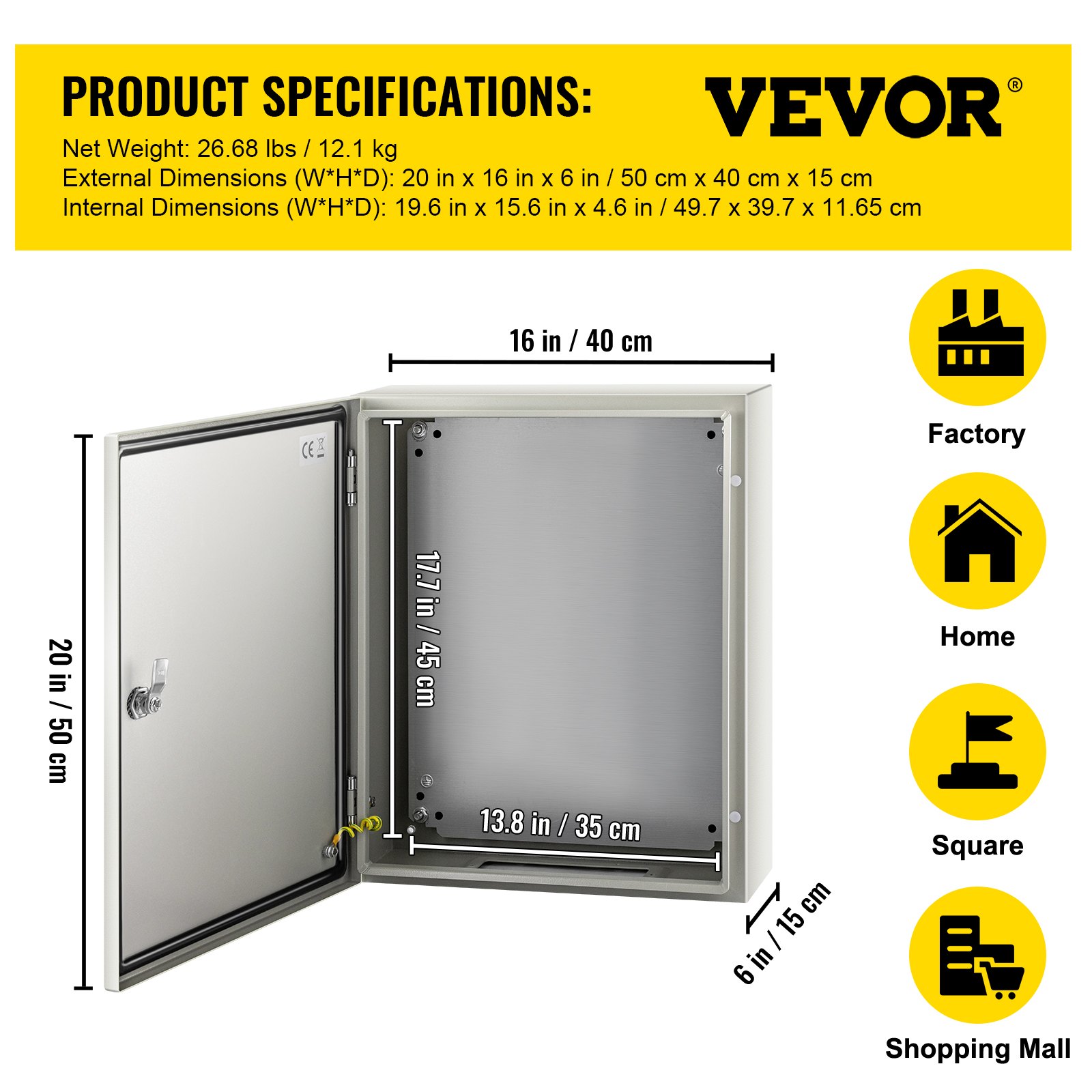 Caja de acero nema VEVOR, dimensiones: 20x16x6 pulgadas, puerta con cerradura, adecuada para diversos usos.
