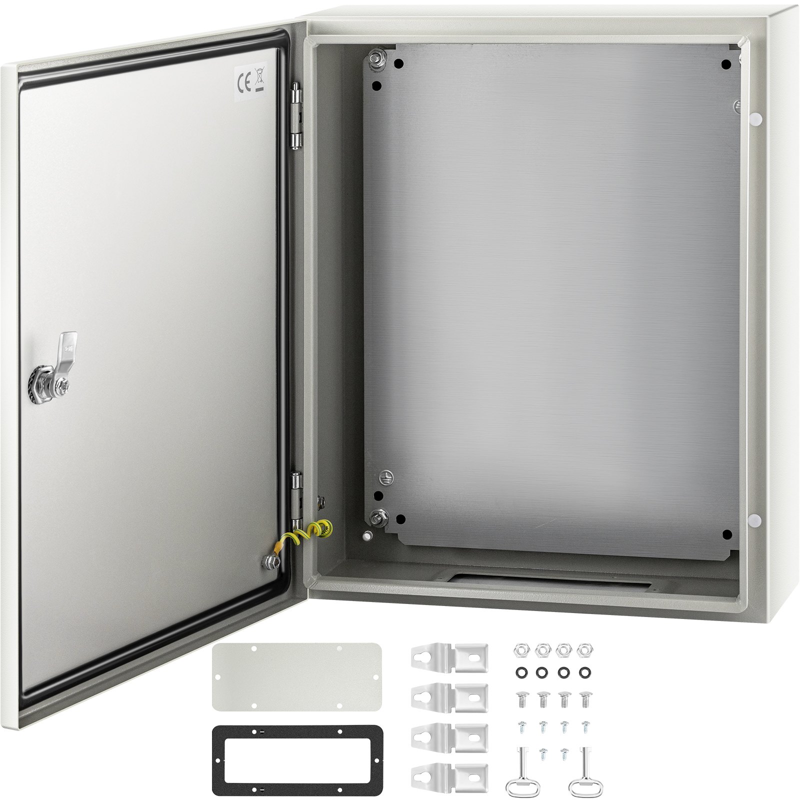 Gabinete de acero nema VEVOR con puerta abierta, placa de montaje y accesorios incluidos.