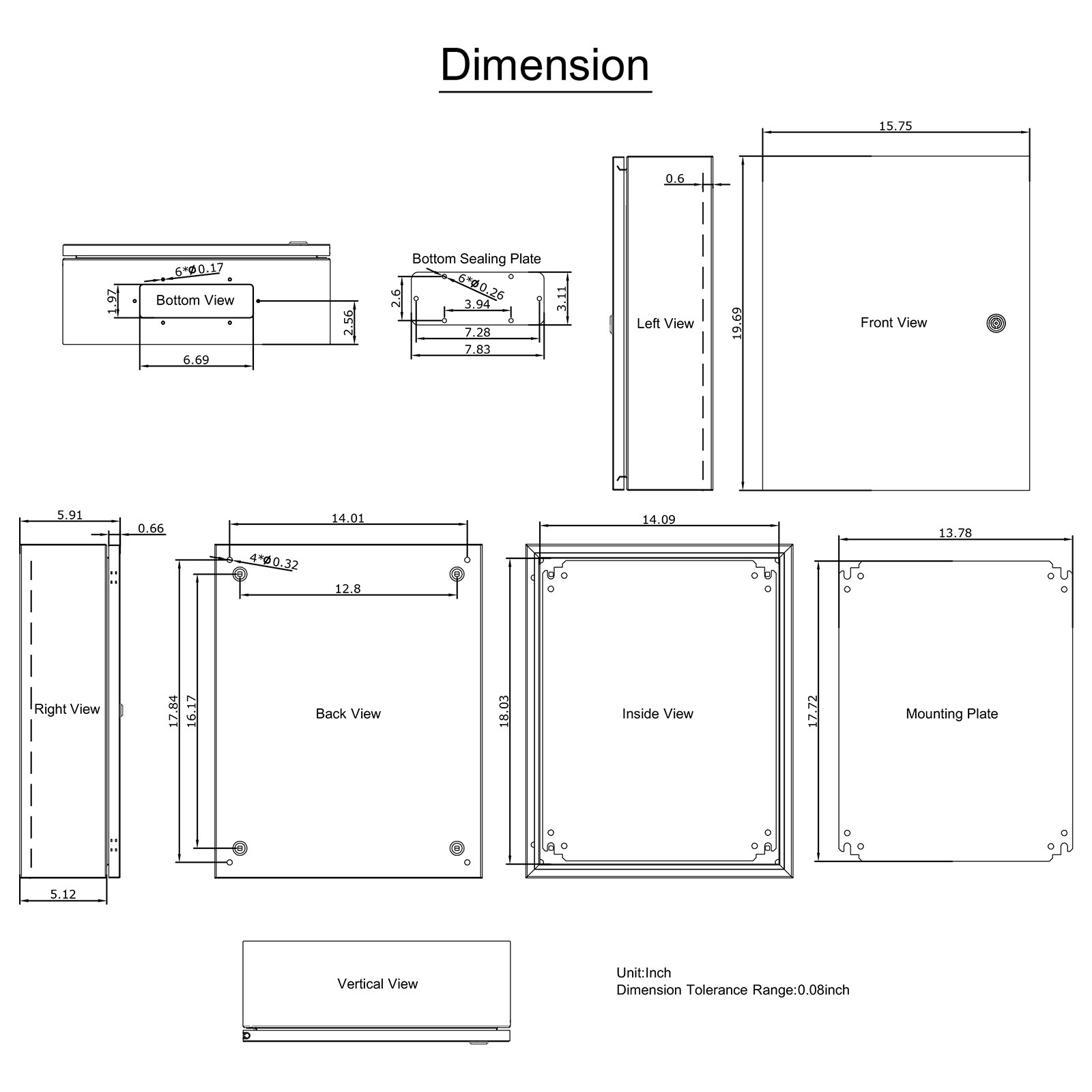 Dimensiones de carcasa de acero nema VEVOR con múltiples vistas y medidas exactas.