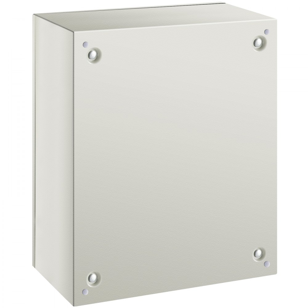 Caja de acero nema VEVOR gris con panel frontal liso y cuatro tornillos en las esquinas.