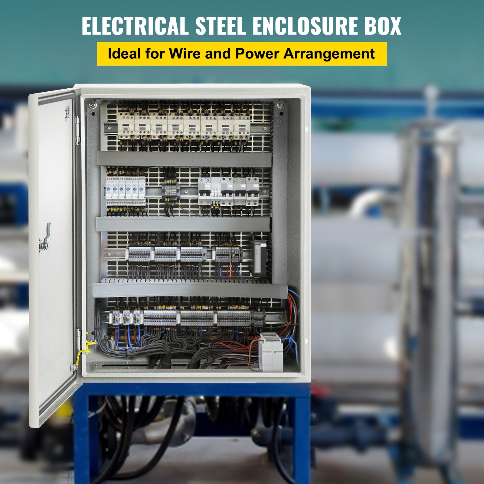 Gabinete de acero nema VEVOR que muestra la disposición del cableado y la energía.
