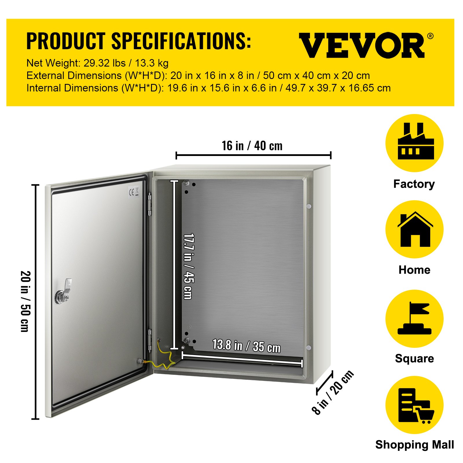 Caja de acero nema VEVOR con dimensiones e iconos para fábrica, hogar, plaza, centro comercial.