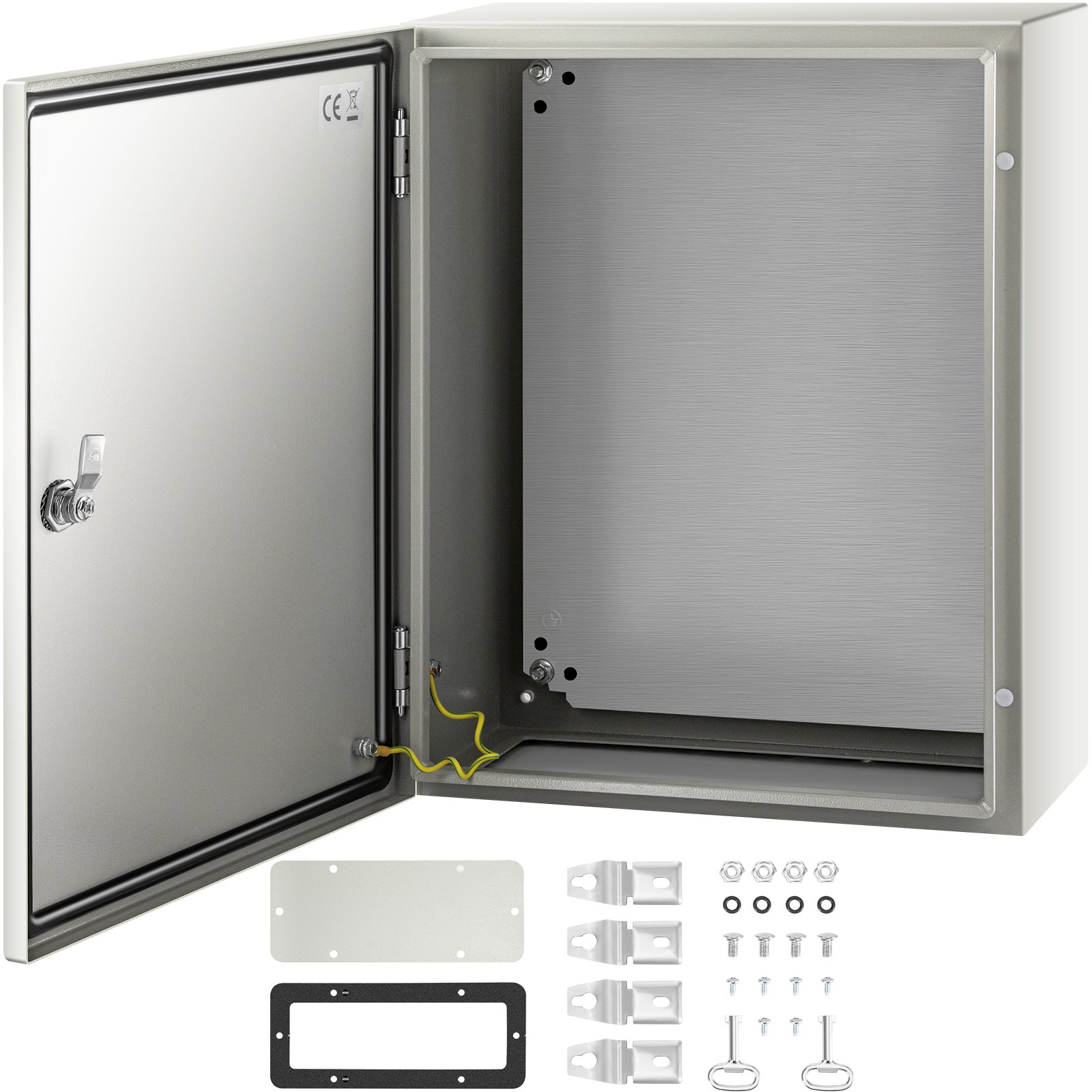 Gabinete de acero nema VEVOR con puerta abierta, placa de montaje interna y kit de hardware.