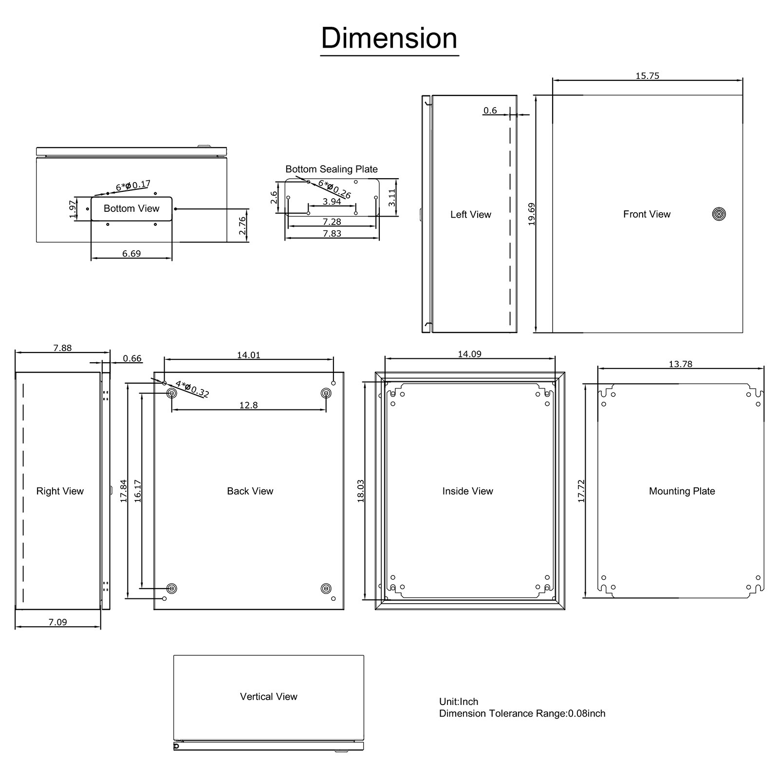 Dimensiones del gabinete de acero nema VEVOR que muestran vistas frontal, posterior, laterales e interior.