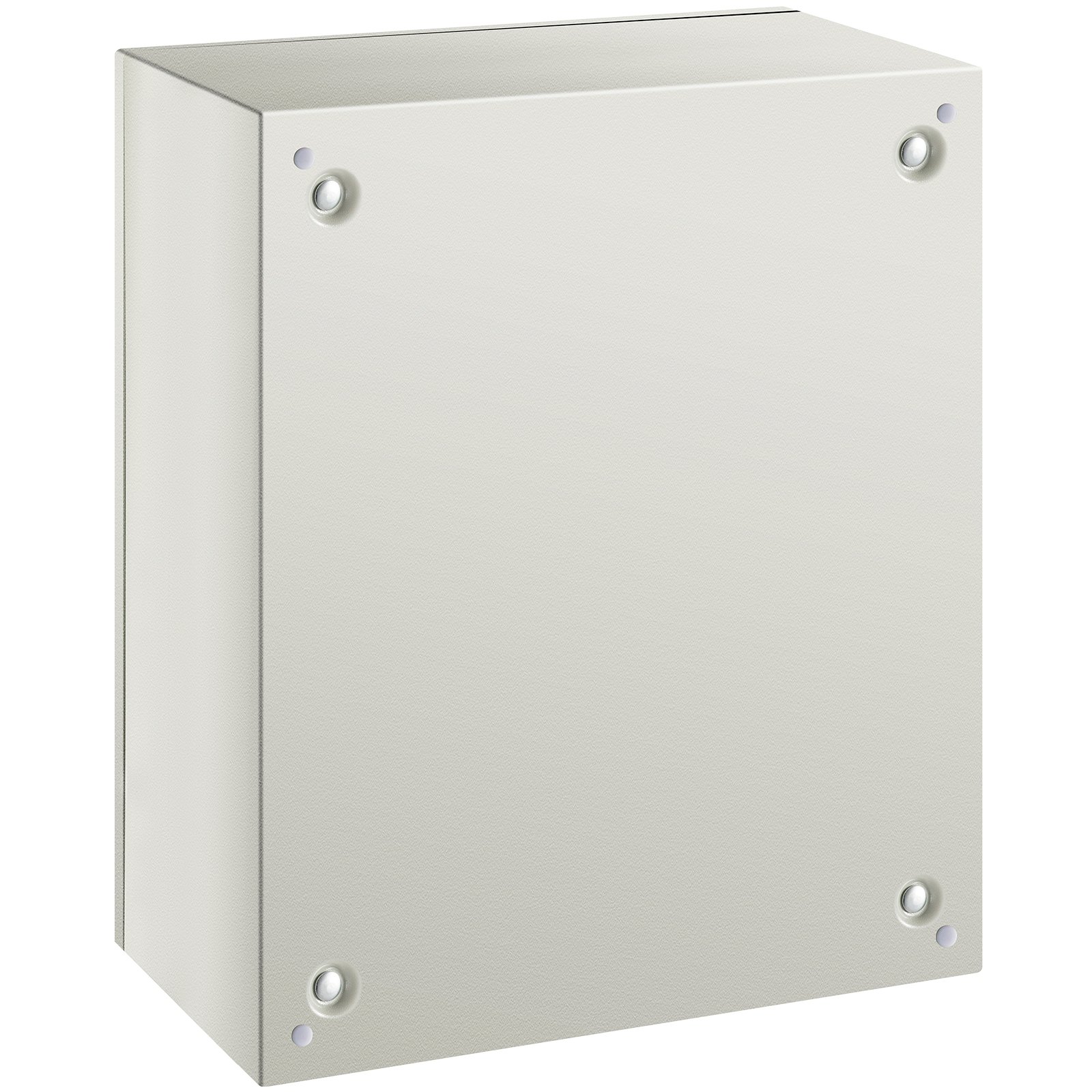 Caja de acero nema VEVOR gris con panel frontal liso y cuatro tornillos en las esquinas.