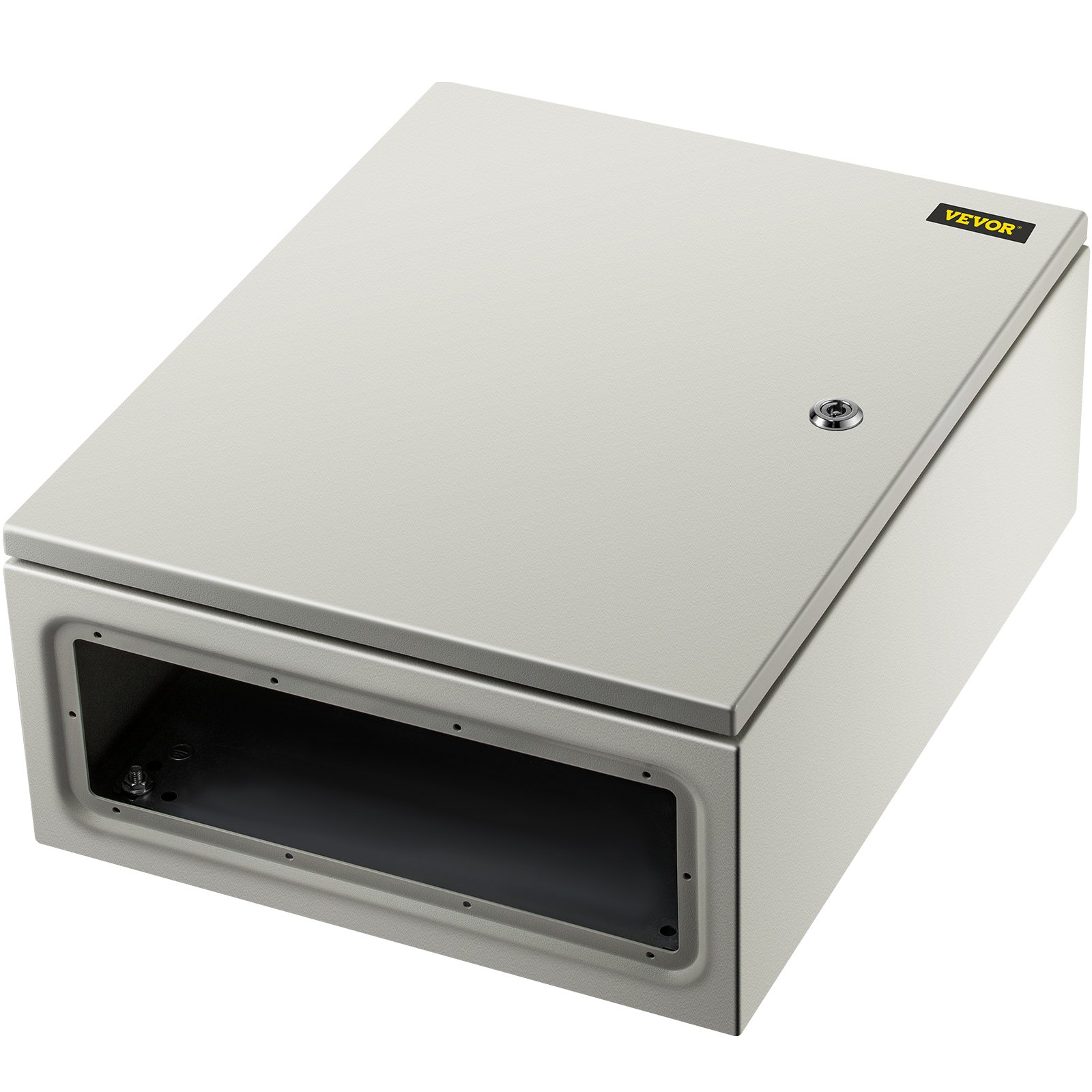 Gabinete de acero nema VEVOR con cerradura y recorte frontal para acceso al cableado.