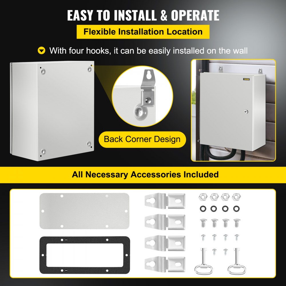Gabinete de acero nema VEVOR con diseño de esquina trasera, ganchos de montaje en pared y accesorios incluidos.