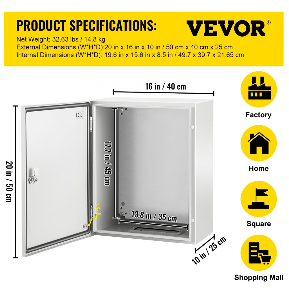 Caja de acero nema VEVOR con dimensiones y aplicaciones para fábrica y hogar.