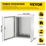 Caja de acero nema VEVOR con dimensiones y aplicaciones para fábrica y hogar.