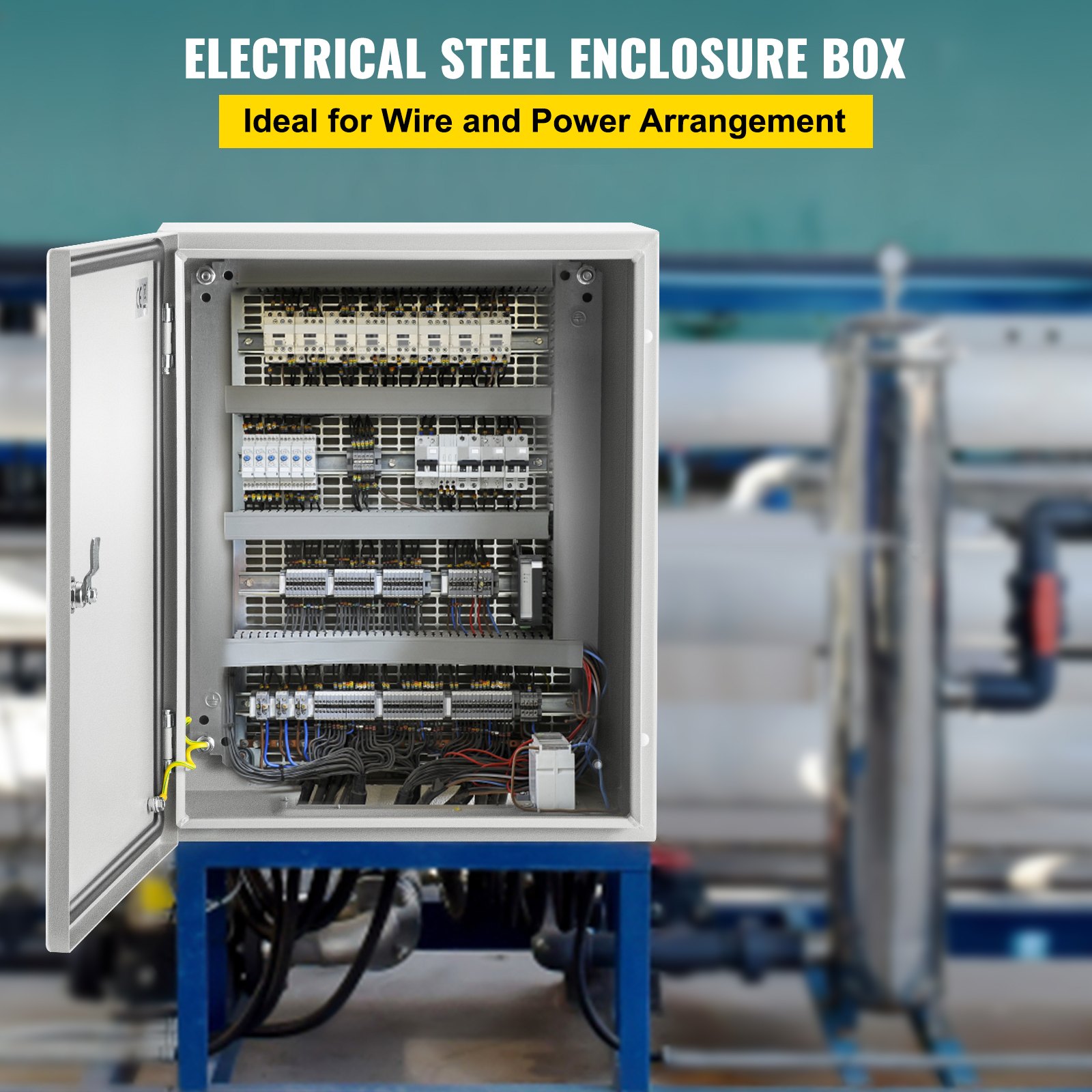 Caja de acero nema VEVOR para cableado eléctrico y disposición de potencia, abierta y cableada.