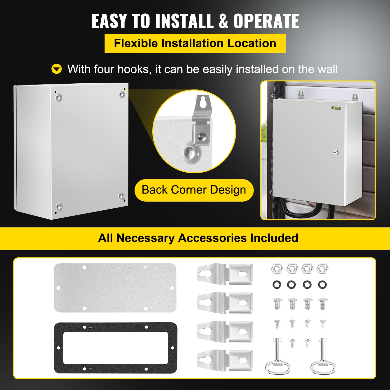 Gabinete de acero nema VEVOR con diseño de esquina trasera, ganchos de montaje en pared y accesorios incluidos.