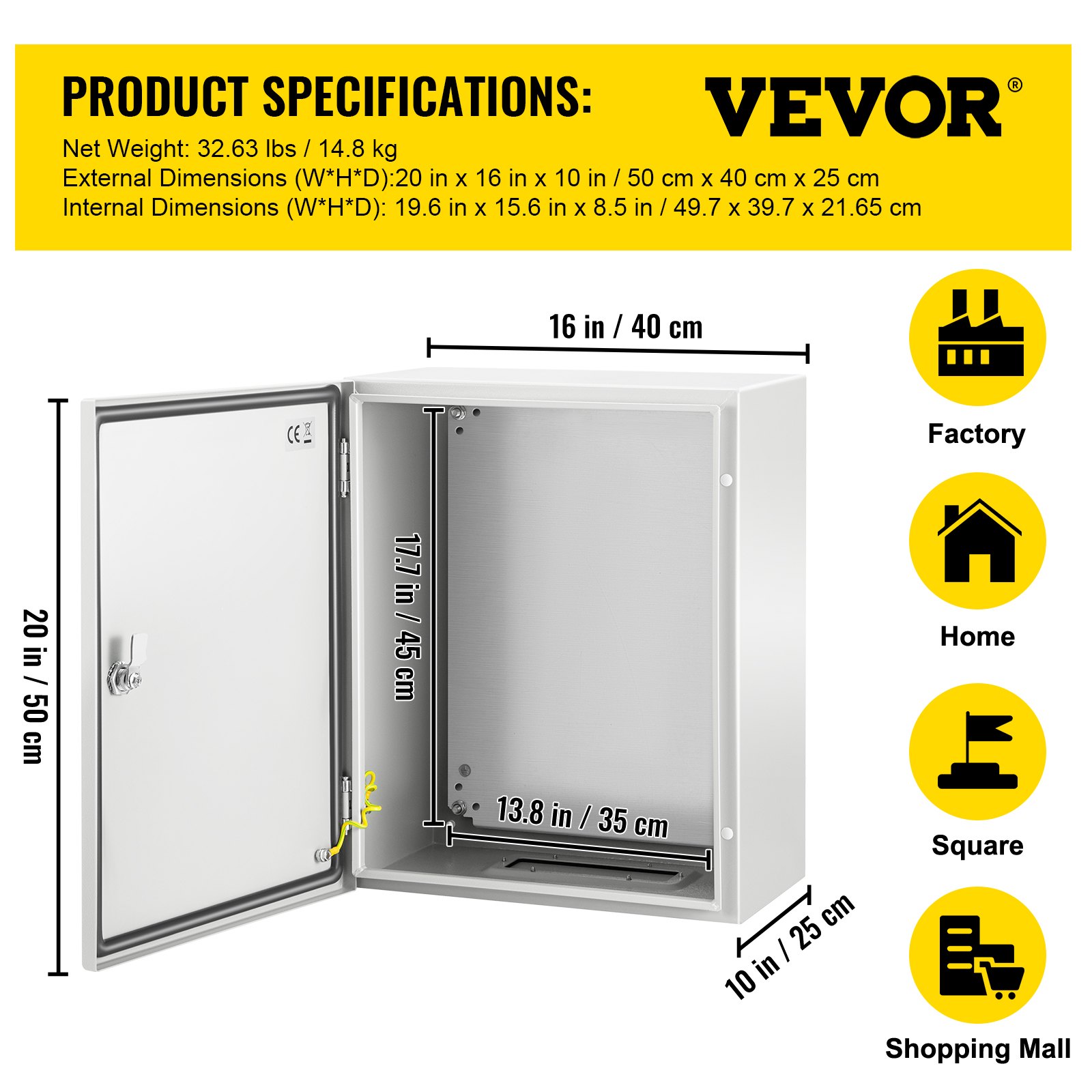 Caja de acero nema VEVOR con dimensiones y aplicaciones para fábrica y hogar.