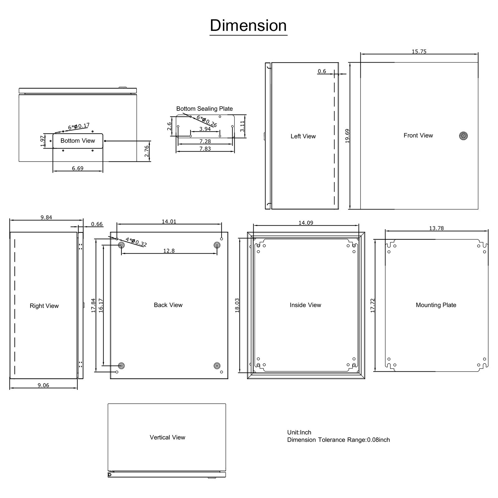 Vistas de dimensiones de gabinete de acero nema VEVOR con medidas y detalles de la placa de montaje.