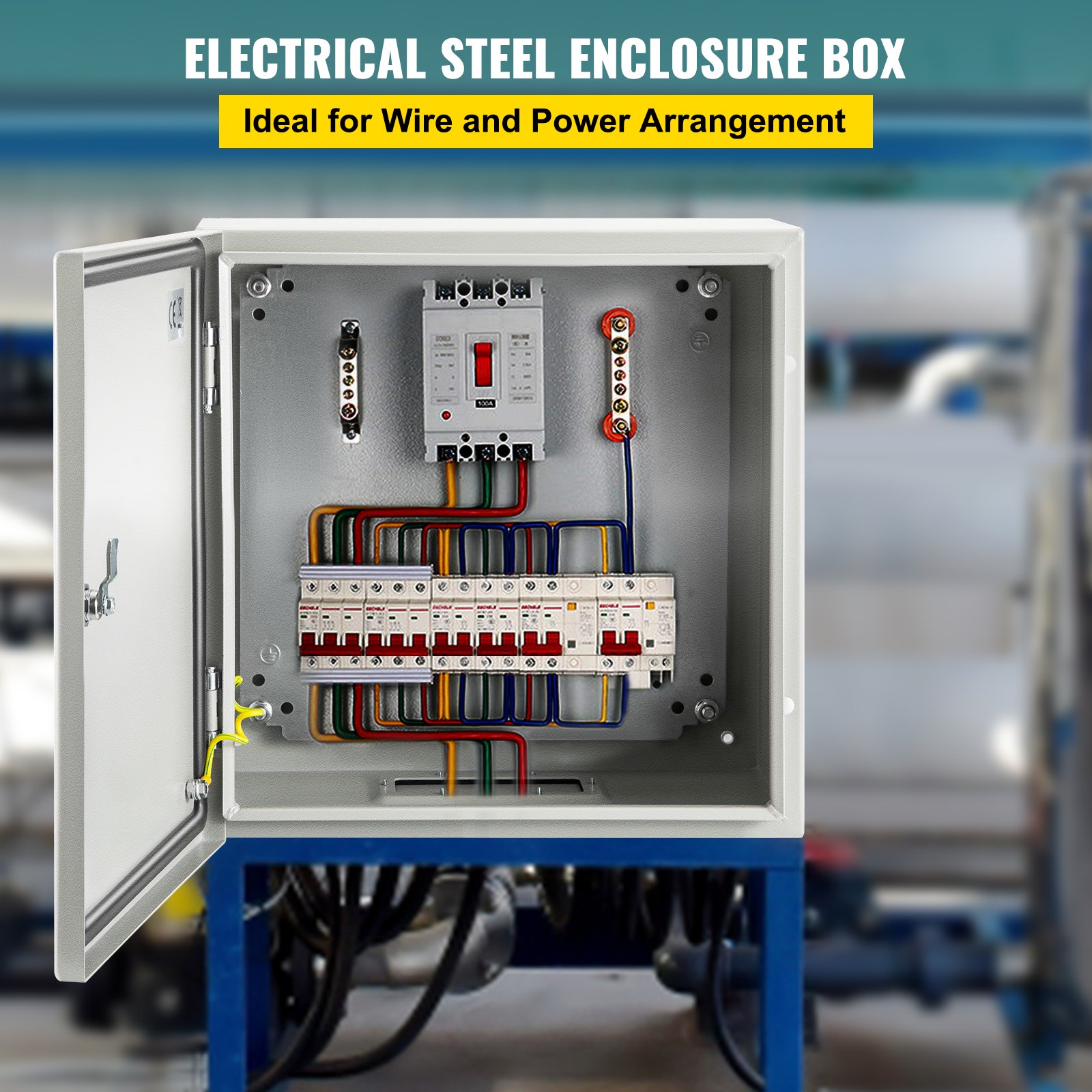 Gabinete de acero nema VEVOR con configuración de cableado y administración de energía.