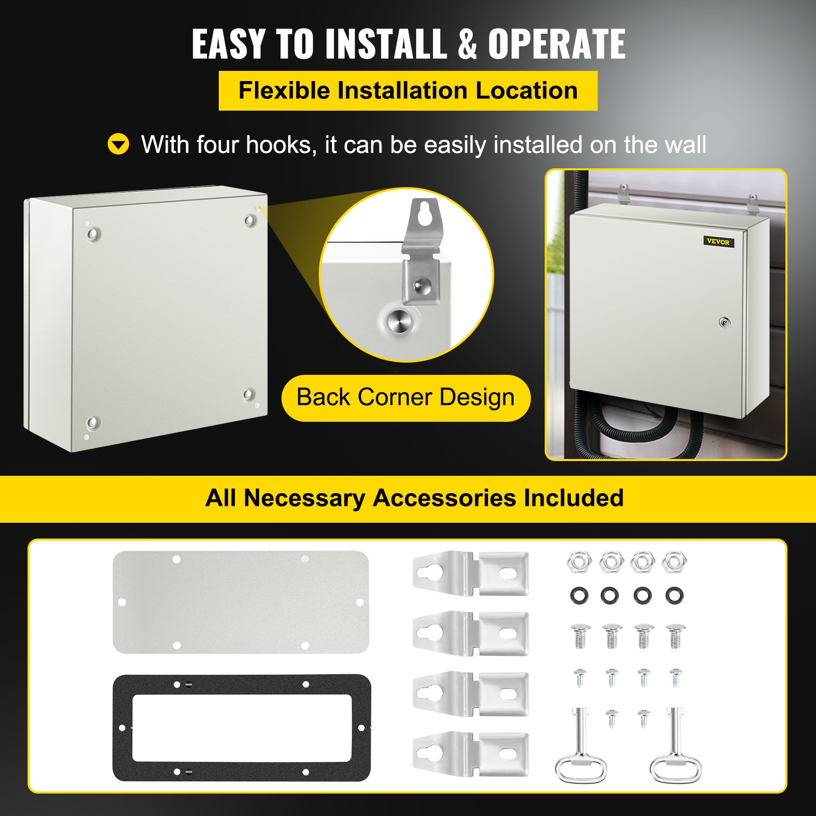 Caja de acero nema VEVOR con fácil montaje en pared y accesorios incluidos.