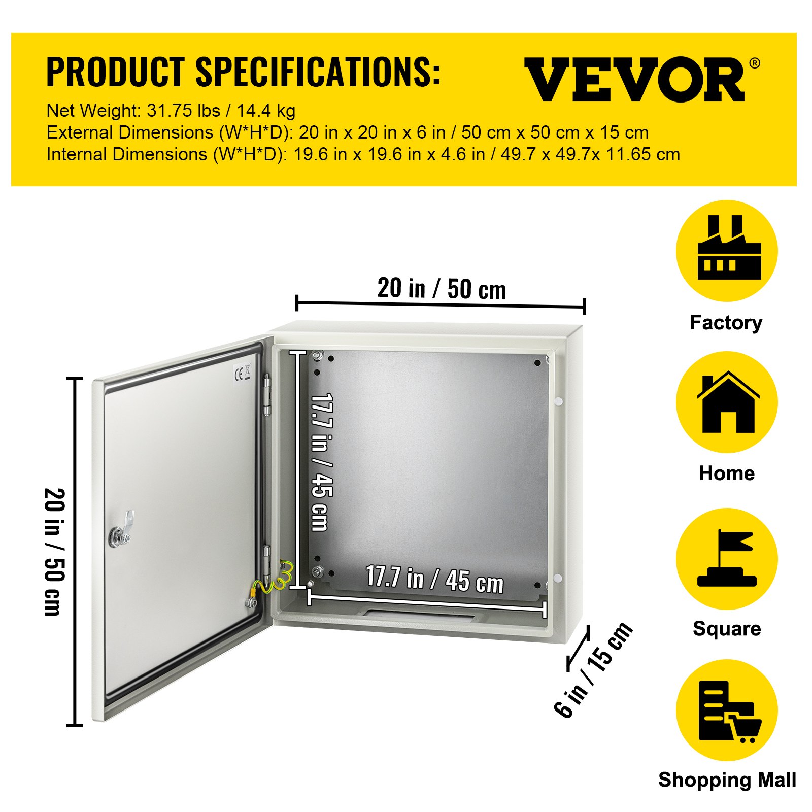Gabinete de acero nema VEVOR, 20 x 20 x 6 pulgadas, para uso en fábricas, hogares y centros comerciales.