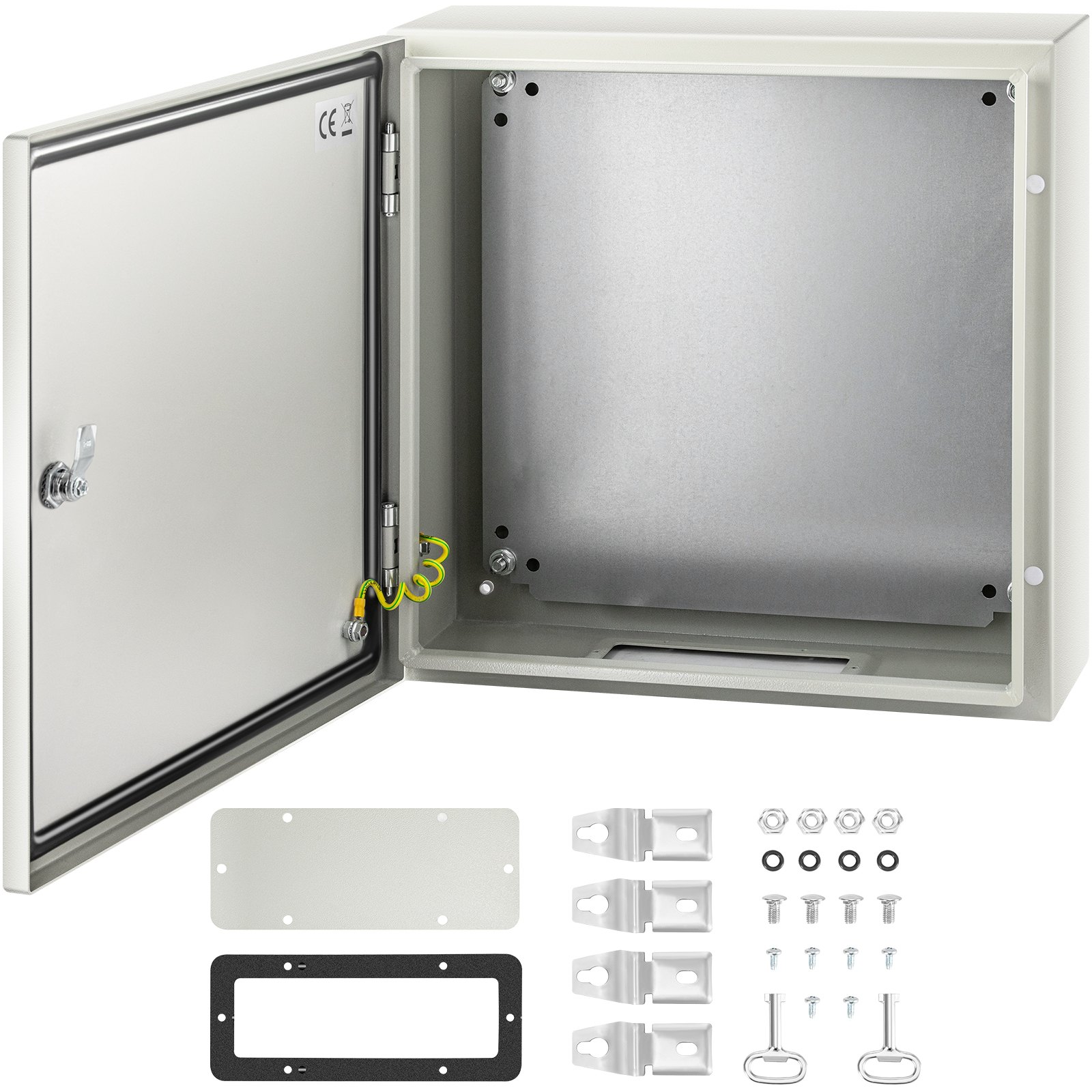 Gabinete de acero nema VEVOR con puerta abierta, placa de montaje y accesorios de instalación.