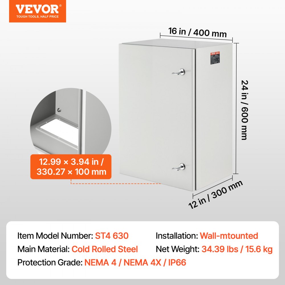 Caja eléctrica metálica VEVOR de 61 x 40 x 30 cm, caja de conexiones de pared de acero al carbono, resistente a la intemperie IP66, con placa de montaje para equipos electrónicos.