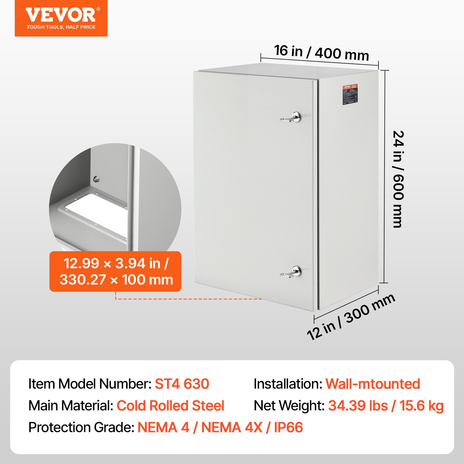 Caja eléctrica metálica VEVOR de 61 x 40 x 30 cm, caja de conexiones de pared de acero al carbono, resistente a la intemperie IP66, con placa de montaje para equipos electrónicos.