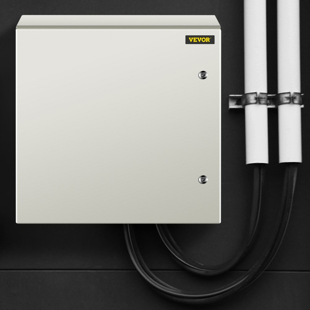 Caja de acero VEVOR montada en una pared oscura con cables y tuberías blancas conectadas.