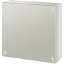 Caja de acero VEVOR gris con superficie lisa y orificios para tornillos en cada esquina.