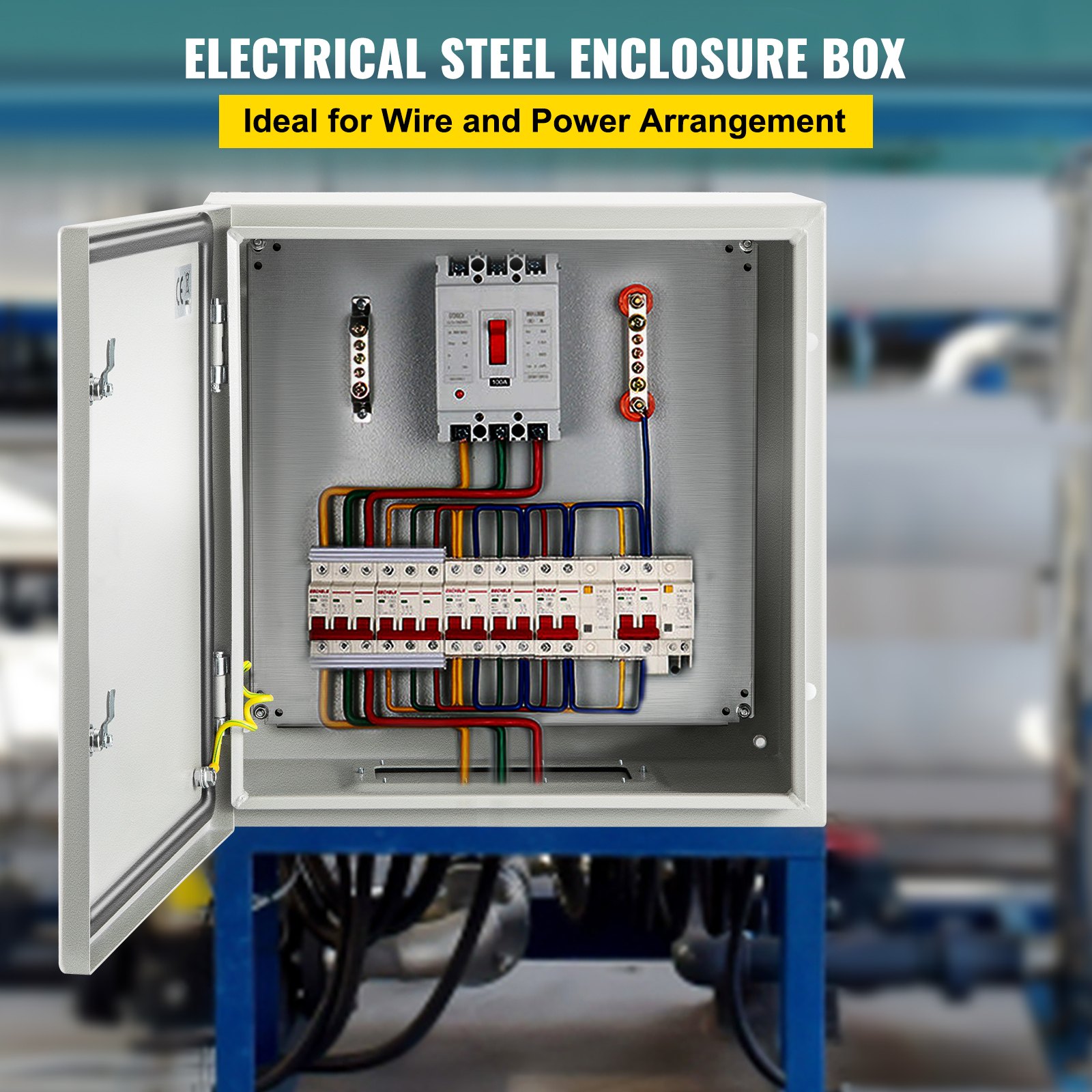 Caja de acero VEVOR para cableado eléctrico y visualización de disposición de energía.