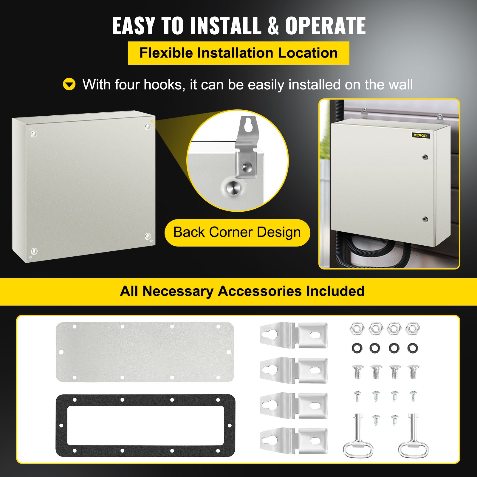 Gabinete de acero VEVOR con fácil instalación en pared, diseño de esquina trasera y accesorios incluidos.