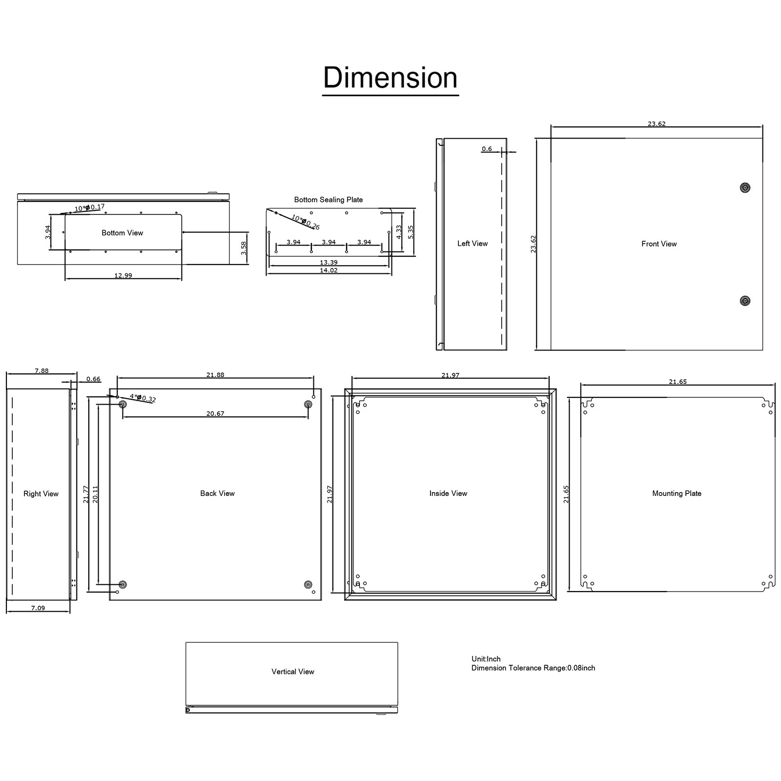 Diagrama de dimensiones de carcasa de acero VEVOR con múltiples vistas y medidas.
