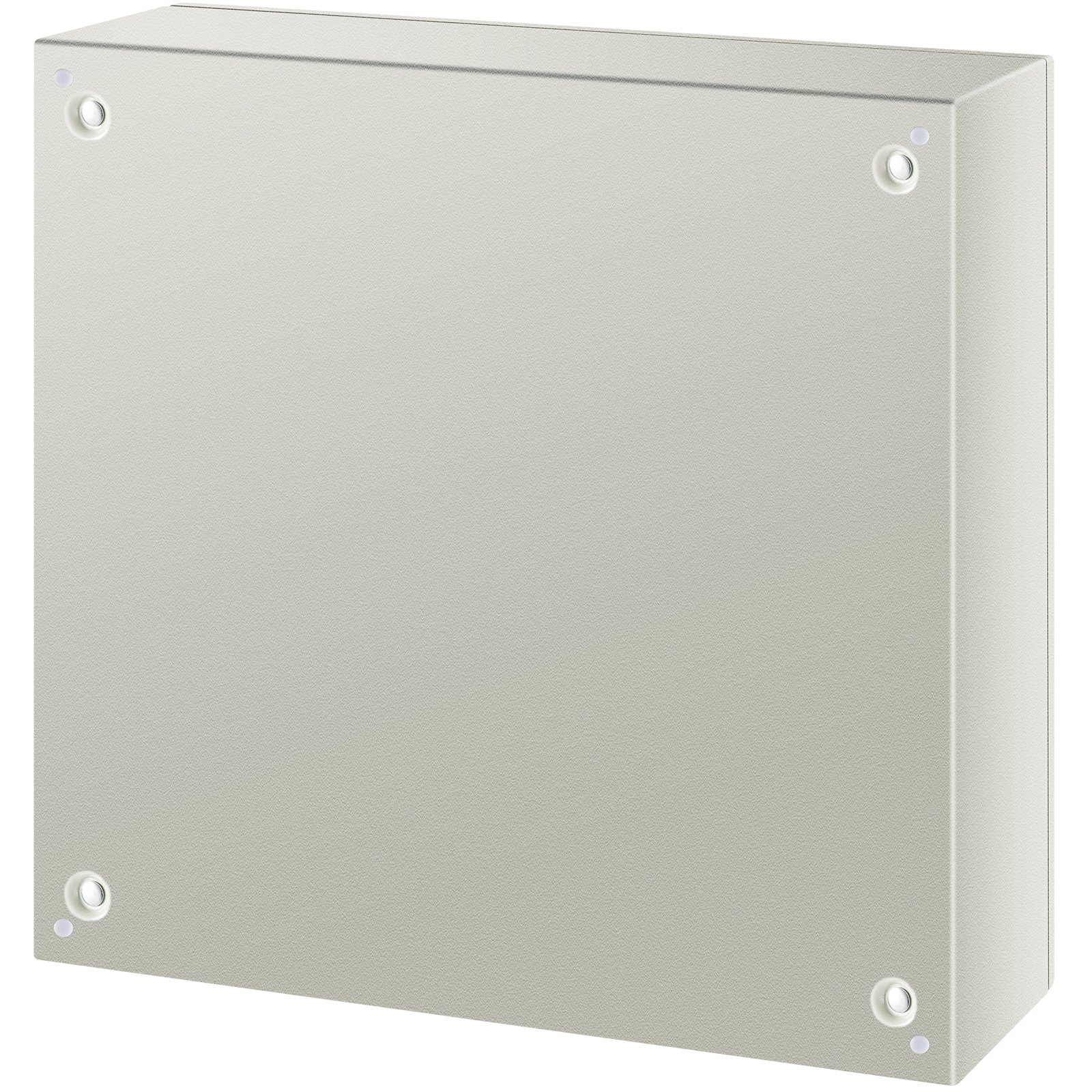 Caja de acero VEVOR gris con superficie lisa y orificios para tornillos en cada esquina.