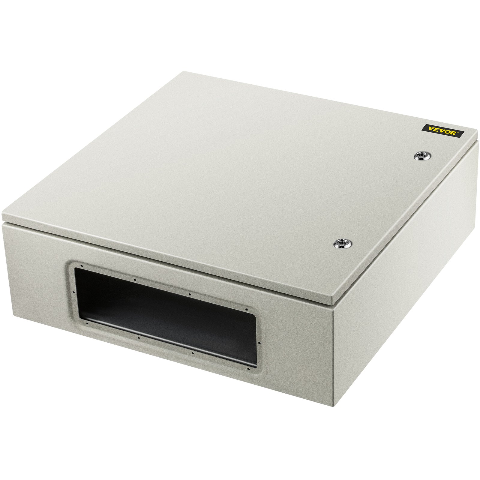 Caja de acero VEVOR con recorte en el panel frontal y tapa atornillada.