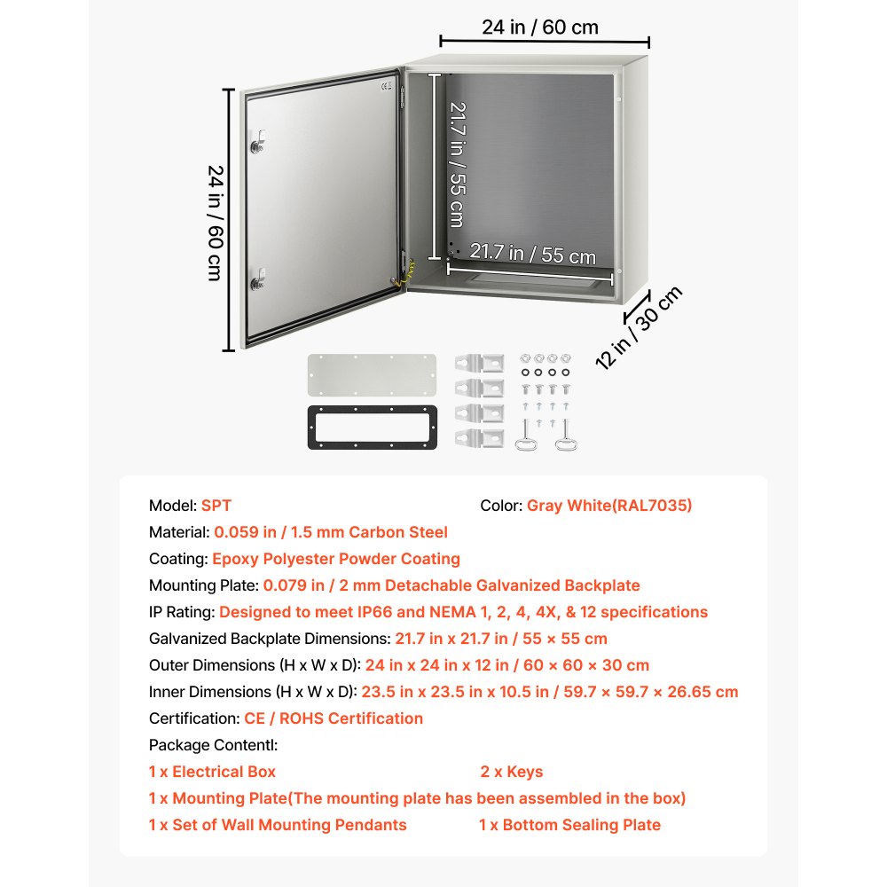 VEVOR NEMA Metal Case, 24 x 24 x 12 in, NEMA 4X Metal Electric Enclosure, IP66 Water & Dust Resistant, Suitable for Both Outdoor & Indoor Use, Includes Mounting Plate