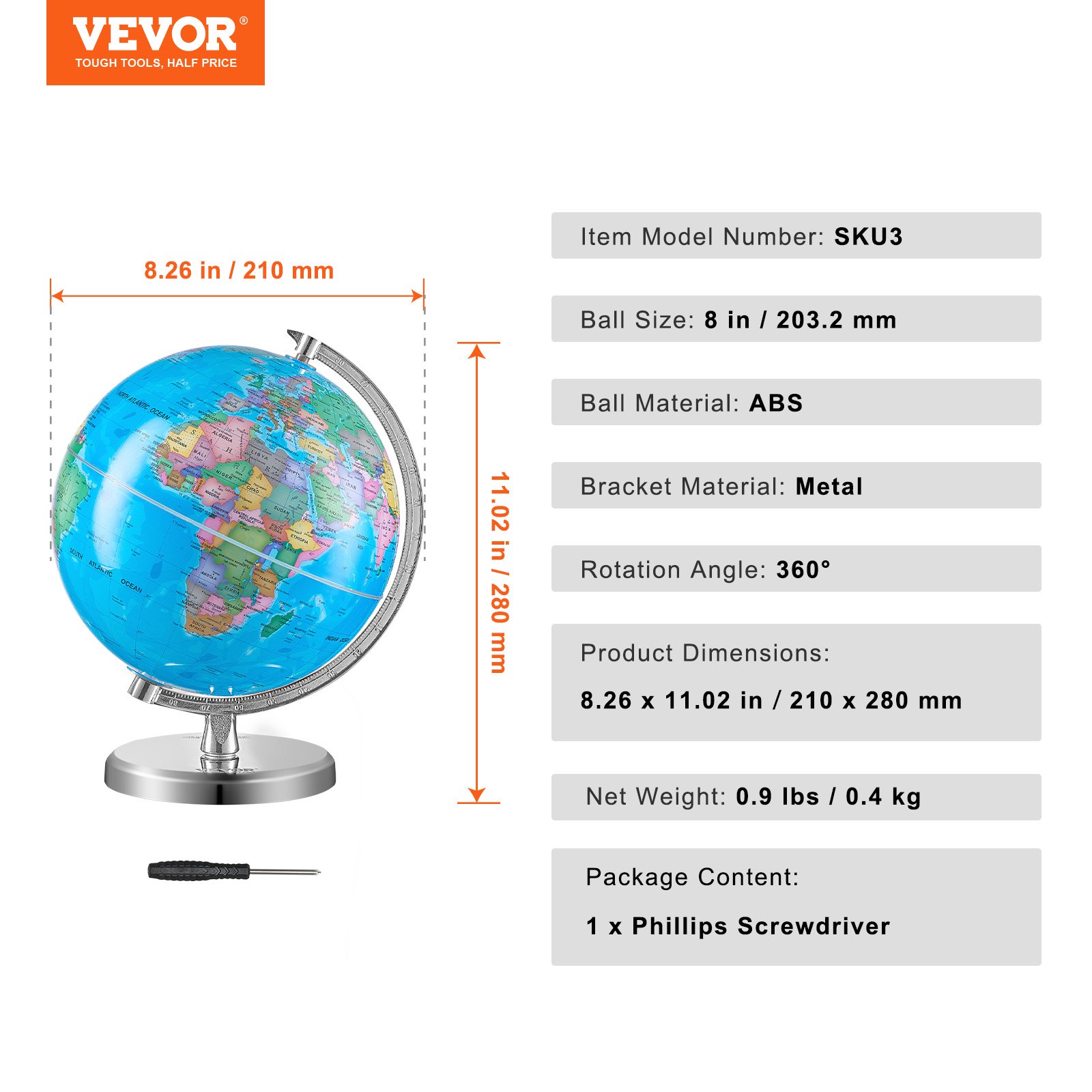 VEVOR Globo terráqueo giratorio con soporte, 203,2 mm (8 pulgadas), globo geográfico educativo con zona horaria precisa, material ABS, globo giratorio de 360° para niños que aprenden geografía en el aula.