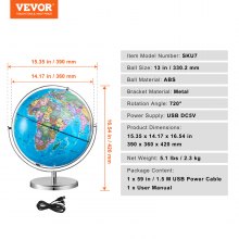 VEVOR Globo terráqueo iluminado con soporte, 13 pulgadas/330,2 mm, globo terráqueo educativo con base estable de metal pesado, mapa impreso en HD e iluminación nocturna LED, globo giratorio de 720° para el aprendizaje de los niños en el aula