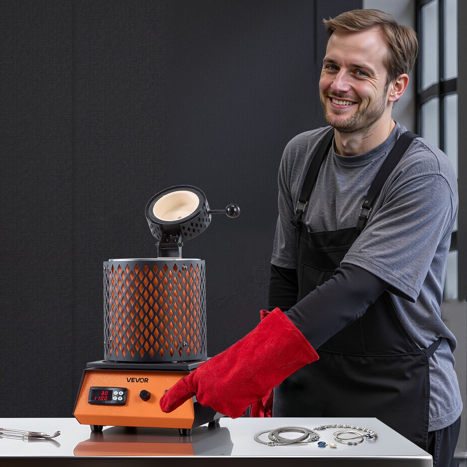 Horno de fusión eléctrico VEVOR, 1350 W, máquina de fundición de metales a 2102 °F/1150 °C con crisol cerámico de 3 kg, kit de fundición de oro para joyería, barras y componentes metálicos.