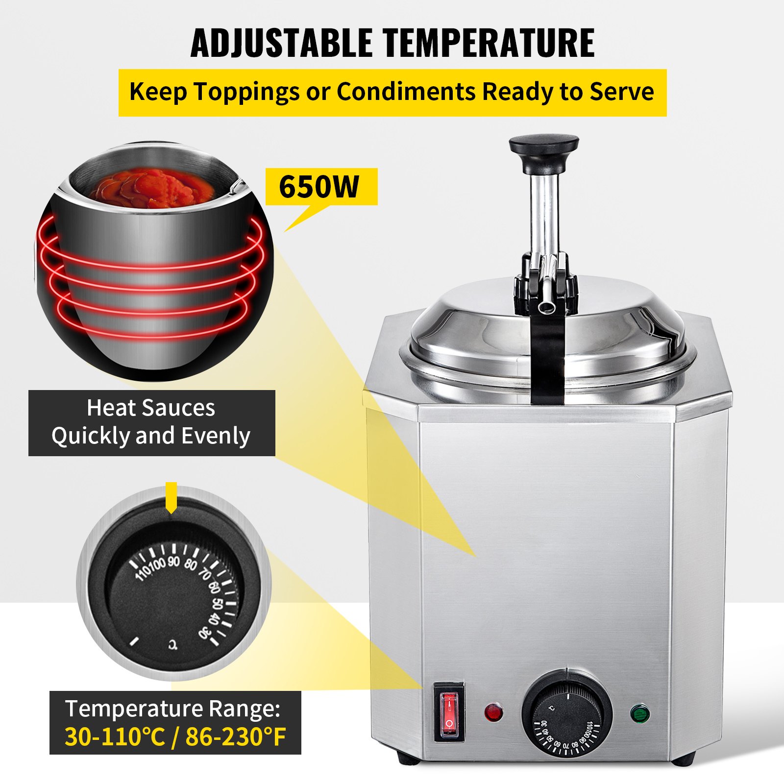 Dispensador de queso VEVOR con bomba, calentador de queso de capacidad de 2,6 cuartos de galón, calentador de chocolate caliente de acero inoxidable con bomba Dispensador de queso de 650 W, temperatura ajustable de 30 a 110 ℃, para caramelo de queso caliente