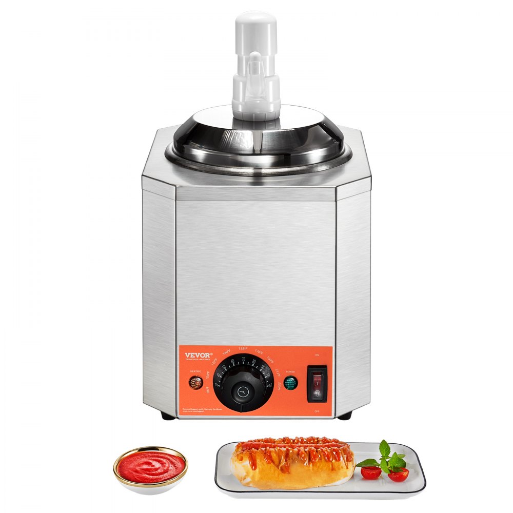 Dispensador de queso eléctrico VEVOR con un hot dog y un recipiente con salsa en el frente.