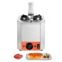 Dispensador de queso eléctrico VEVOR con un hot dog y un recipiente con salsa en el frente.