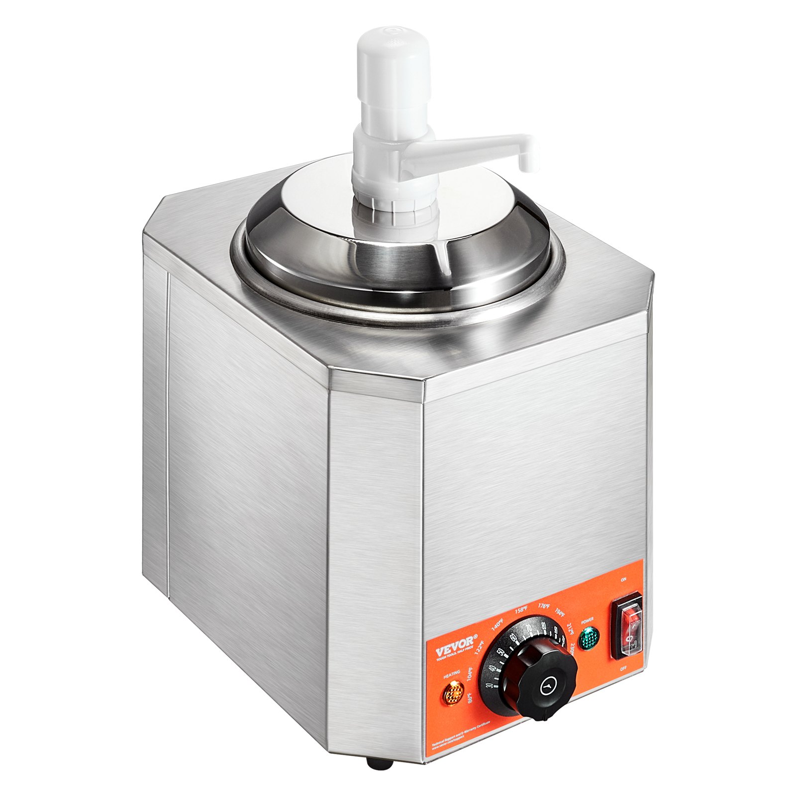 Dispensador de queso eléctrico VEVOR, acero inoxidable con perilla de control de temperatura y bomba.