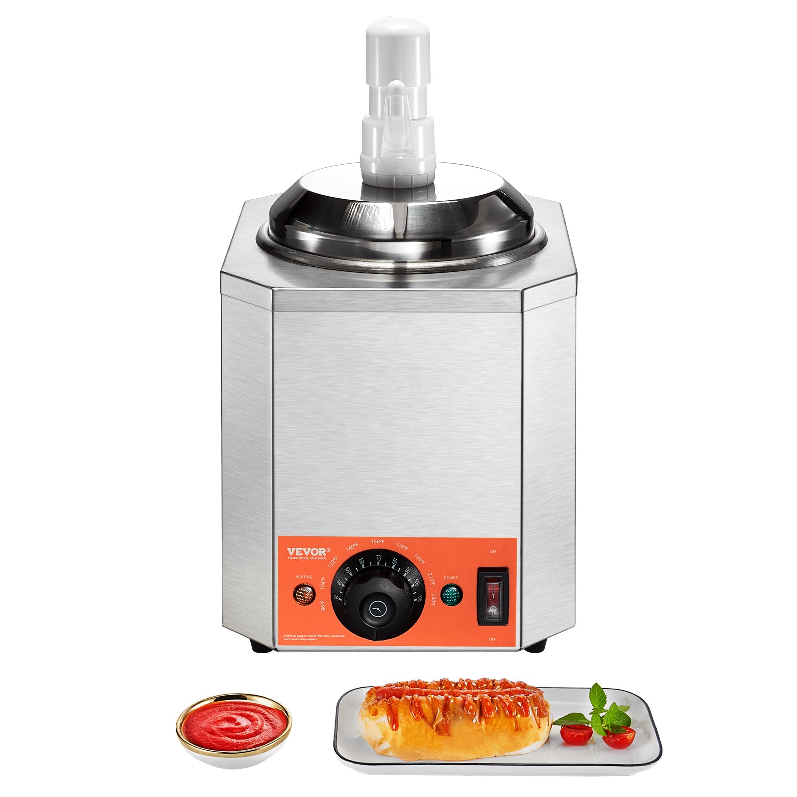 Dispensador de queso eléctrico VEVOR con un hot dog y un recipiente con salsa en el frente.