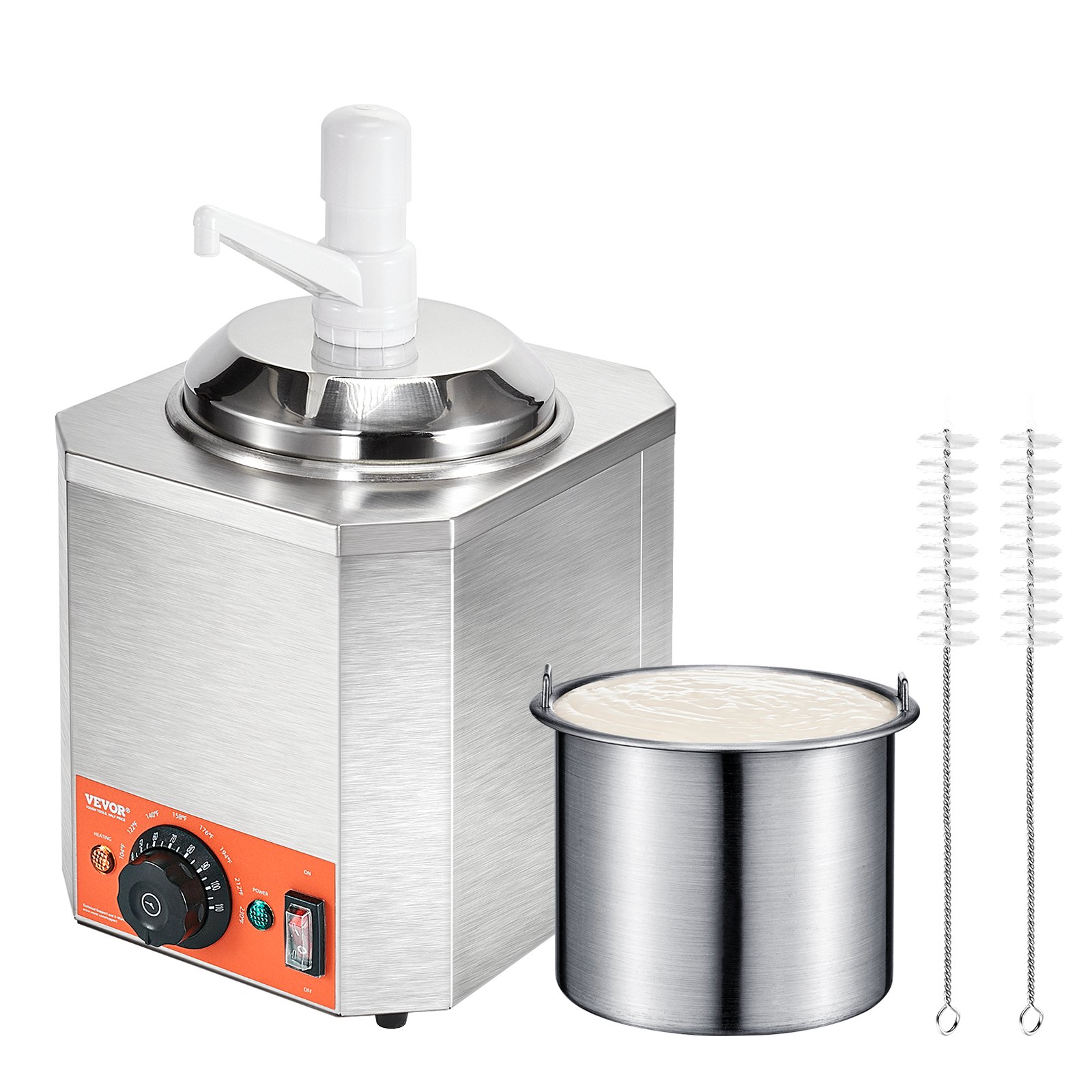 Dispensador de queso eléctrico VEVOR con recipiente de acero inoxidable y juego de cepillos de limpieza.