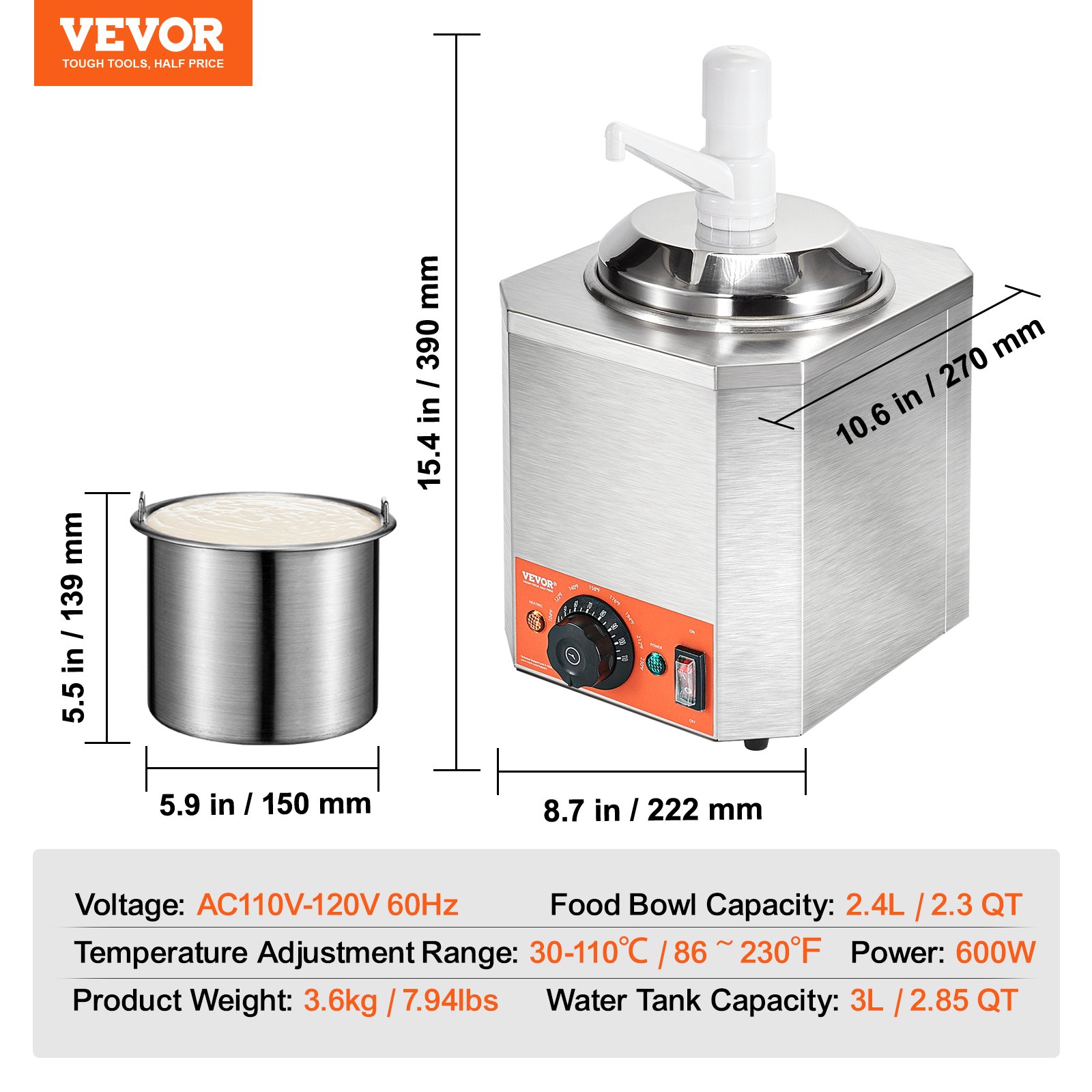 Dispensador de queso eléctrico VEVOR con bomba, calentador comercial de 2.3 cuartos de galón para salsa de queso nacho, temperatura ajustable de 86 a 230 °F, para salsa de queso y caramelo.