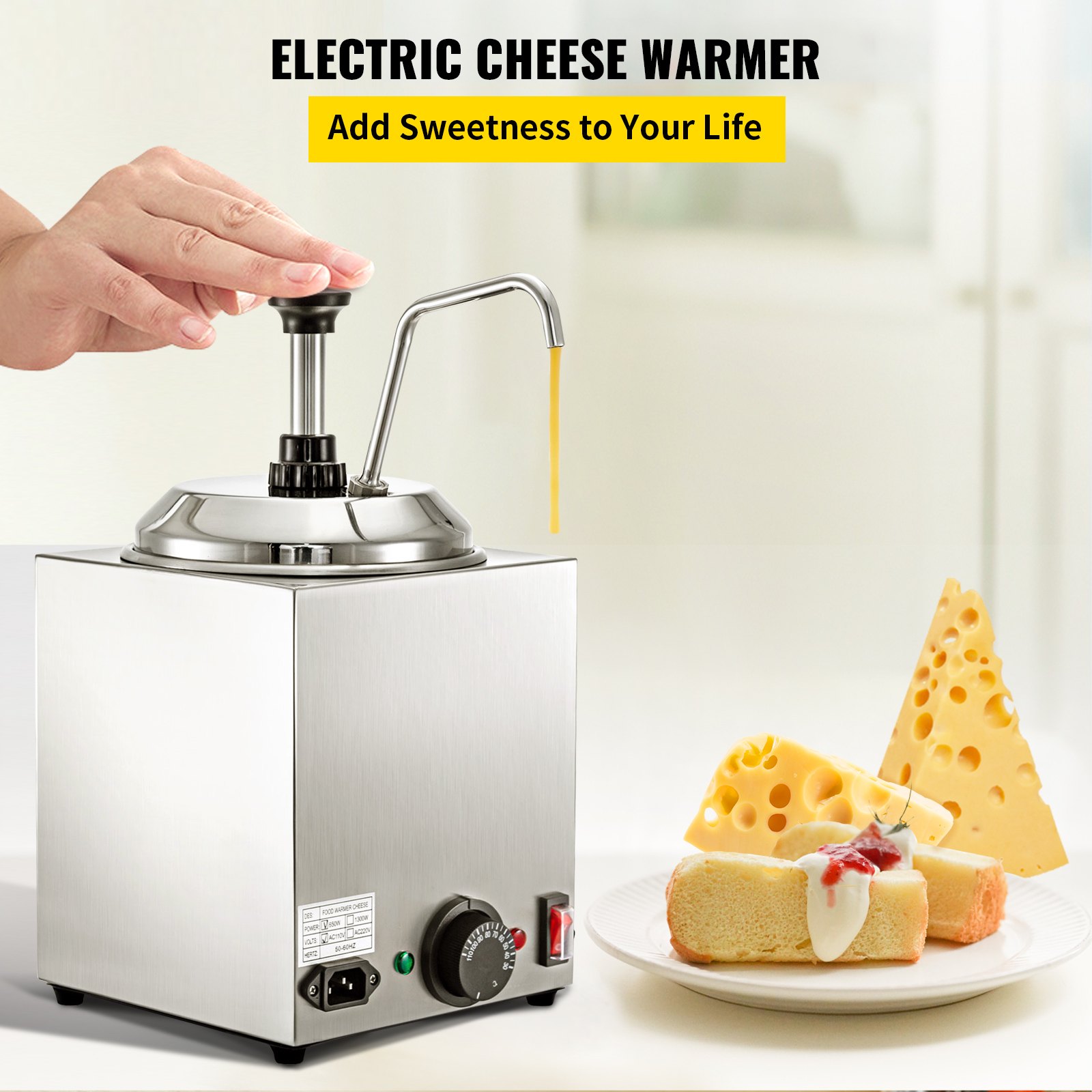 Dispensador de queso VEVOR en acero inoxidable, dispensando queso sobre tartas y queso suizo.