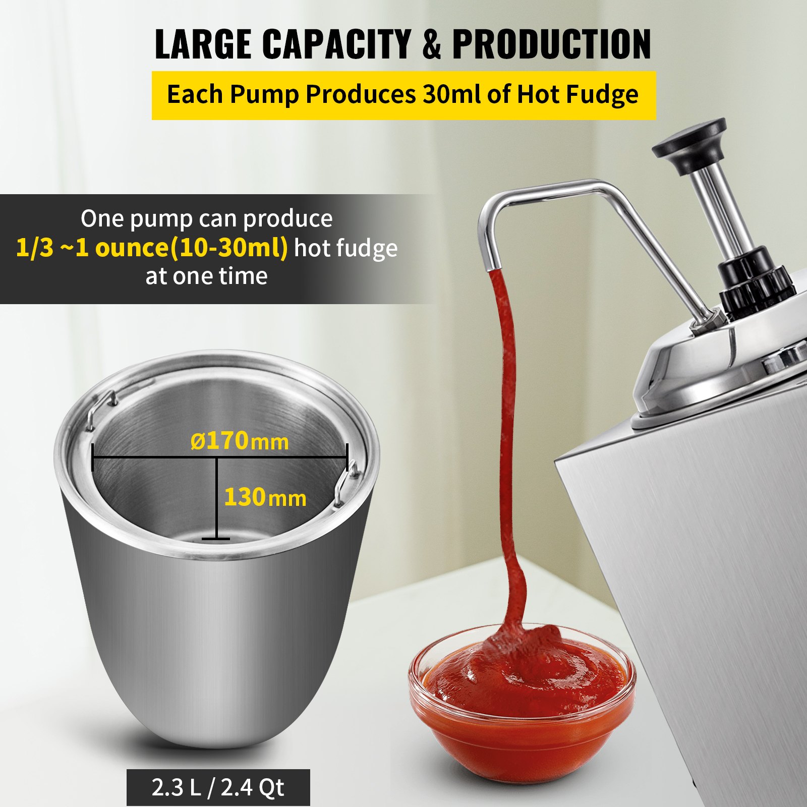 Dispensador de queso VEVOR con gran capacidad que produce 30 ml de salsa de queso caliente por bomba.