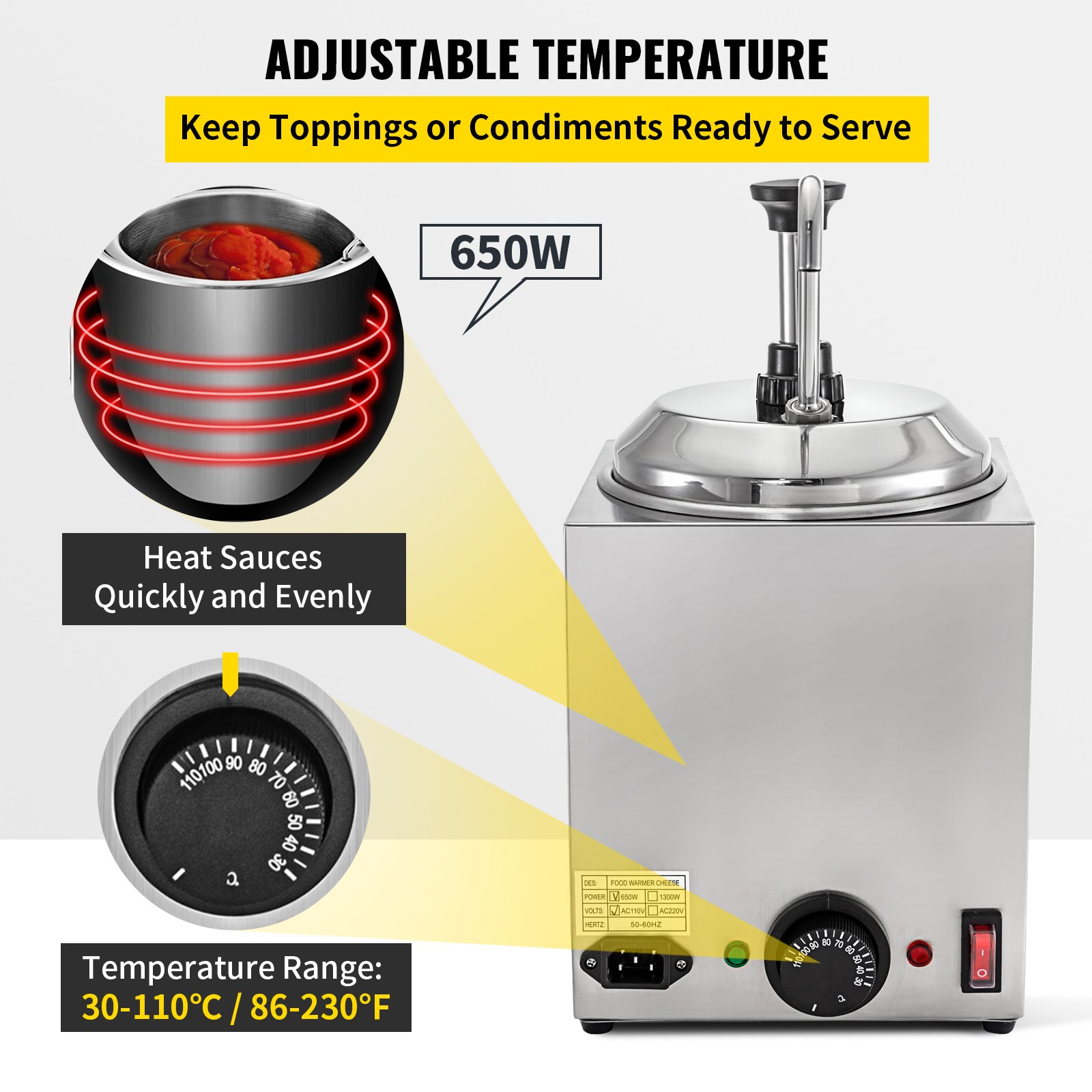 Dispensador de queso VEVOR con potencia de 650w, temperatura regulable de 30-110°c.