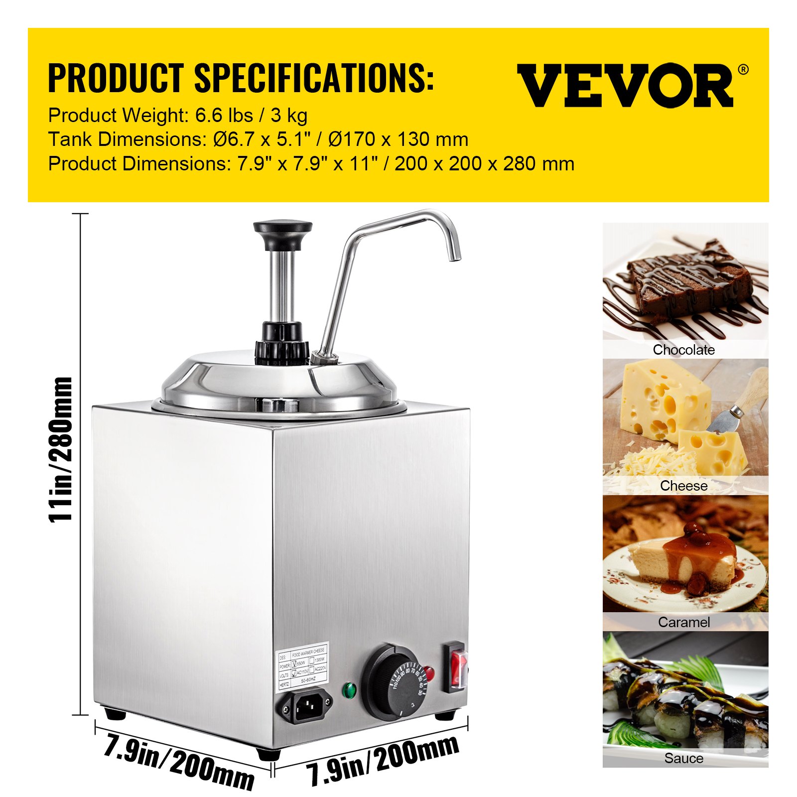 Dispensador de queso VEVOR con especificaciones del producto y ejemplos de uso.