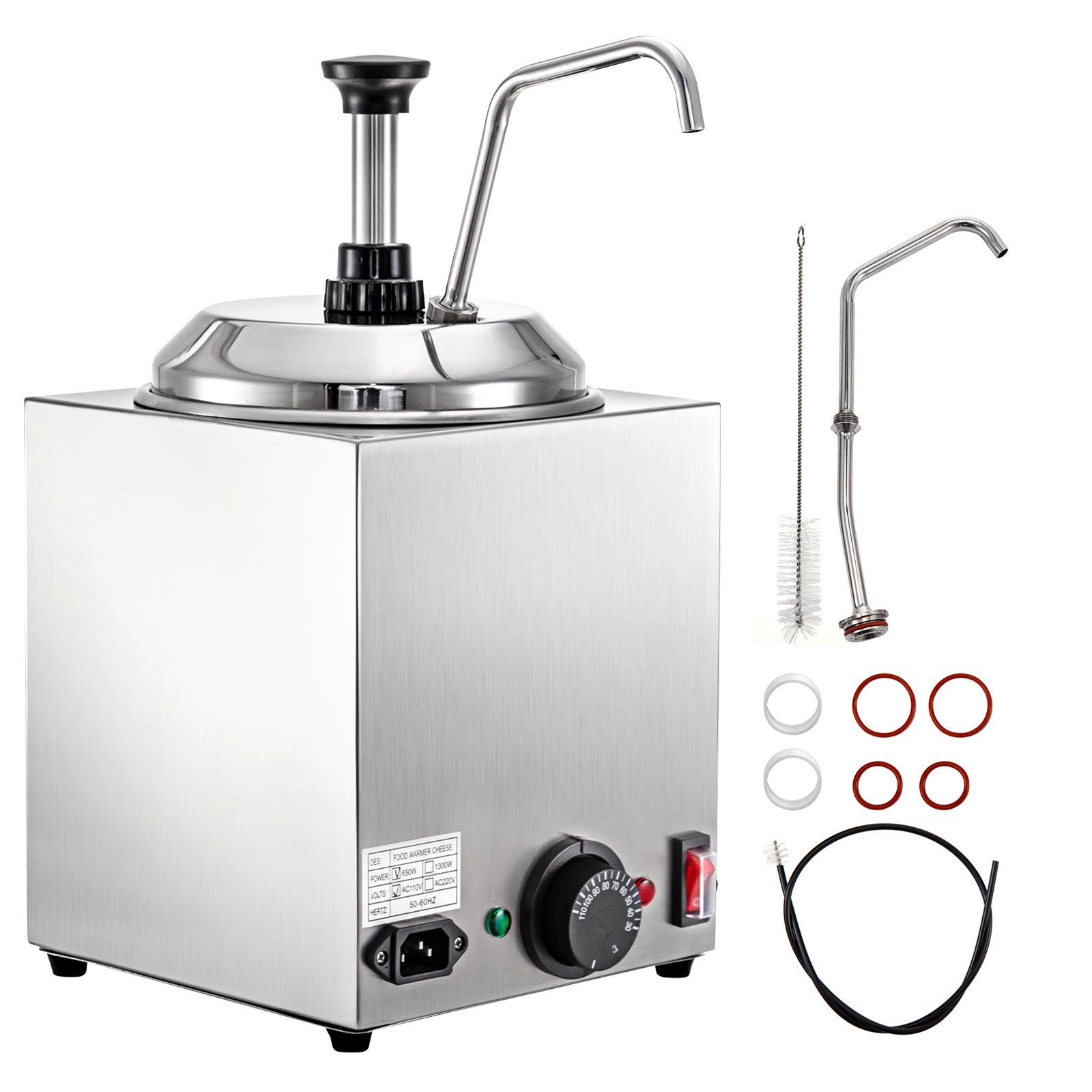 Dispensador de queso VEVOR con boquillas, cepillo de limpieza, juntas y cable de alimentación.