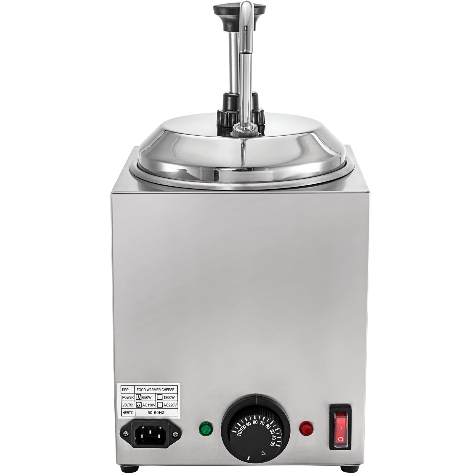 Dispensador de queso VEVOR con cuerpo de acero inoxidable y control de temperatura ajustable.