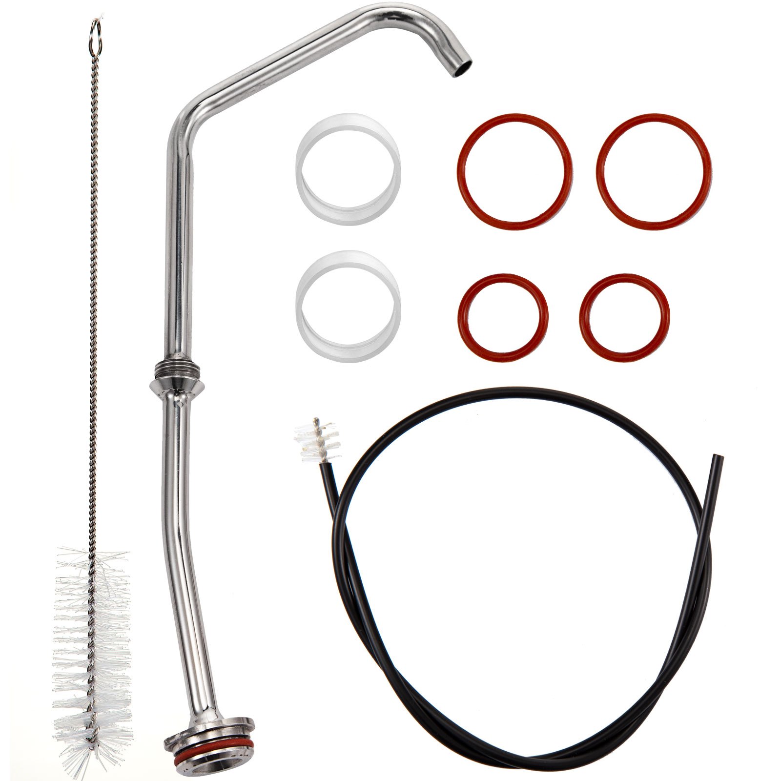Accesorios para dispensador de queso VEVOR: varilla de metal, cepillos de limpieza y juntas rojas y transparentes.